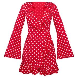 NWT Pretty Little Thing red polka dot frill dress.